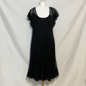 Rickie Freeman Teri Jon Black Silk Midi Dress with Sheer Overlay